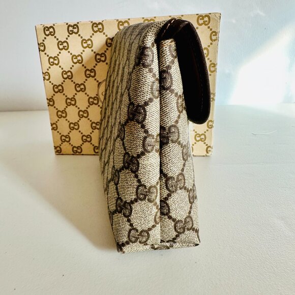 AUTHENTIC GUCCI SIGNATURE GG COATED CANVAS LEATHER TRIM COSMETIC POUCH VINTAGE - Picture 3 of 15